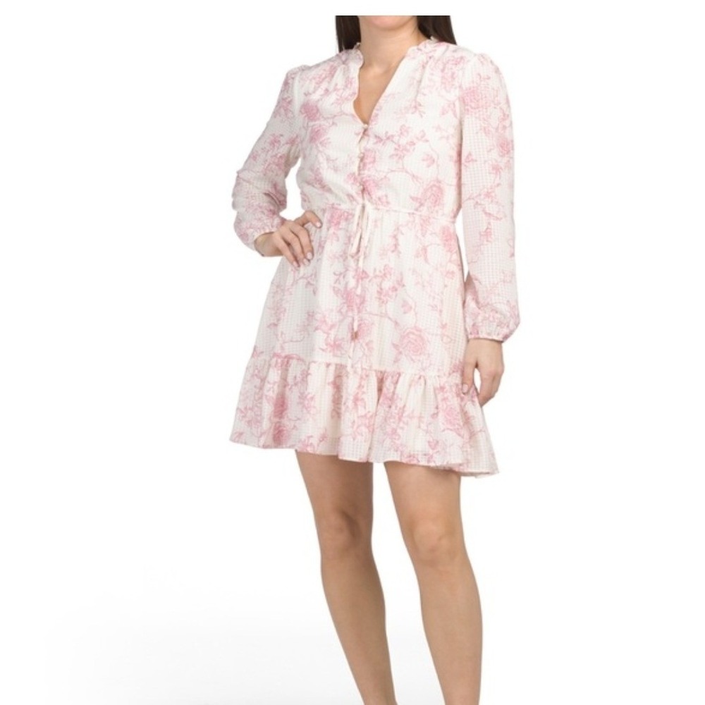 Joie Pink Floral Toile Mini Dress XL‎ Long Sleeve Ruffle Tiered Drawstring Waist